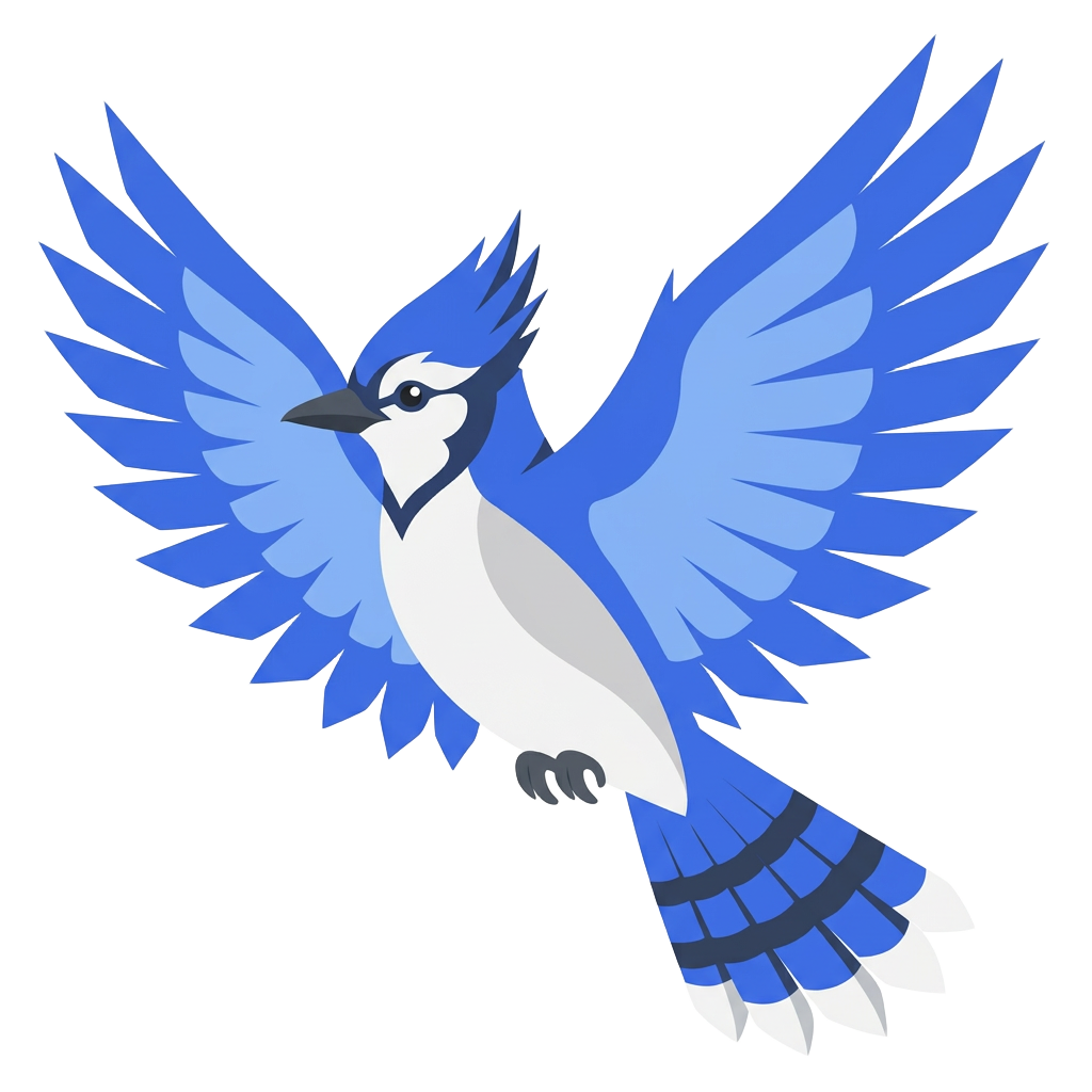 Blue jay with wings outstretched